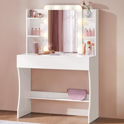 Soberine Toeletta Trucco, Postazione Trucco con Specchio e 10 Luci LED a Luminosità Regolabile, Tavolo da Toeletta Salvaspazio con 1 Cassetto Grande e 4 Ripiani, Moderno, 90x40x135,5cm (Bianco)