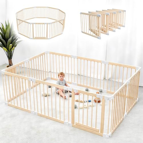 Laufstall Baby Holz, Faltbares Laufgitter für Babys & kinder 214×141×61 cm | Laufgitter Baby mit Tür & Sicherheitsverschluss, individuell formbarer Krabbelgitter & Absperrgitter für Kleinkind & Kind