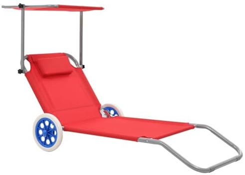 SooIarix Sedia a sdraio pieghevole con protezione solare e ruote, in tubo di acciaio rosso, sedia a sdraio regolabile per giardino e campeggio, mobili da giardino leggeri con cuscino