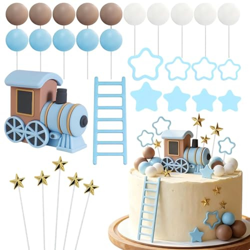 Vintage Blue Train Cake Decoration-30PCS Train Themed Cake Topper