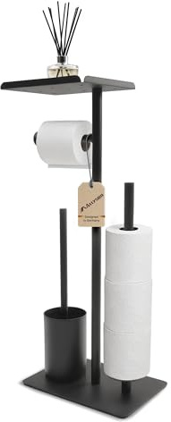 Allyson® Toilettenpapierhalter stehend mit WC Bürste Schwarz Matt, 3-in-1 WC-Garnitur mit Ablage, Stabiler Klorollenhalter ohne Bohren, Toilettenpapier Aufbewahrung & Klopapierhalter mit Klobürste