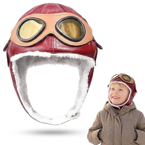 Kids Aviator Hat with Goggles, Faux Leather Fur Lined Pilot Style Winter Hat for Children, Vintage Flying Cap Headwear for Boys Girls, Photos, Parties, Halloween and Themed Outfits, Black Brown