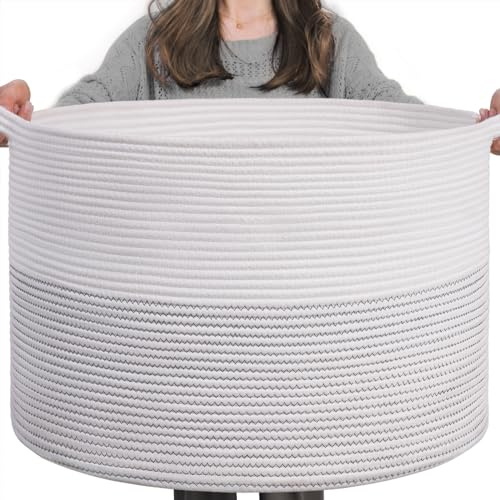 INDRESSME XXXLarge Cotton Rope Basket 21.7 x 21.7 x 13.8 Woven Baby Laundry Basket for Blankets Toys Storage Baskets with Handle Comforter Cushions Storage Bins Thread Laundry Hamper-Black Stitch