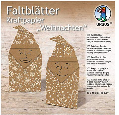 URSUS Faltblätter Kraftpapier Weihnachten Faltpapier einseitig bedruckt Rückseite uni 15x15 cm Kraftpapier für Weihnachten
