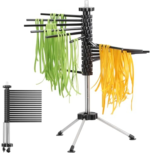 Navaris Secador pasta - Secador de pasta fresca de Acero Inoxidable para 2 kg de Espaguetis tallarines - Para después de Hacer Pasta en la máquina - Incluye Recetas - Negro