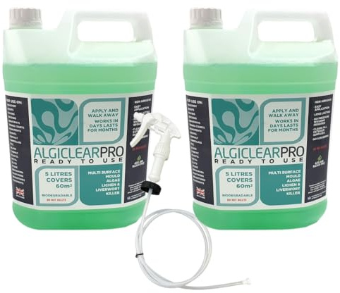 AlgiclearPro Ready to Use - Green Algae, Liverwort & Mould Remover for Large Outdoor Spaces – Cleans Fences, Roof Tiles, Solar Panels, Concrete, Tarmac, Bricks up to 120 m² - 2 x 5L with Trigger Spray
