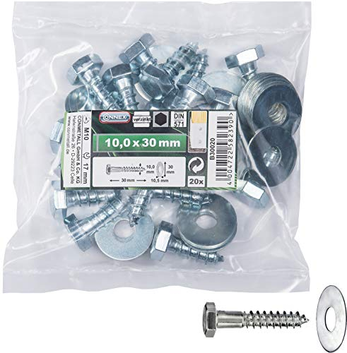 Connex Sechskant-Holzschrauben 10,0 x 30 mm - 20 Stück - Außensechskant-Antrieb - Verzinkt - Für sämtliche Holzverbindungen - Inkl. Unterlegscheiben / Schlüsselschrauben / Schrauben-Set / B30020