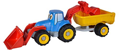 Simba Traktor mit Anhänger – Sandspielzeug für Kleinkinder, Bagger mit Front- und Heckschaufel, Abnehmbarer Anhänger, Fahrzeug für Sandkasten und Strand, Kunststoff, 54 cm, ab 0 Jahre