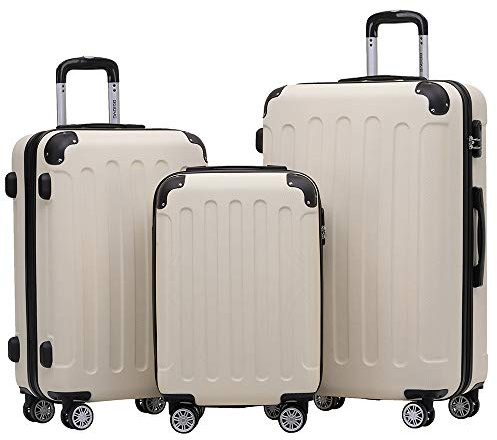 BEIBYE- Hartschalenkoffer Koffer Trolley Rollkoffer Reisekoffer Zahlenschloß 4 Zwilings-Rollen (Creme White, Koffer-Set)