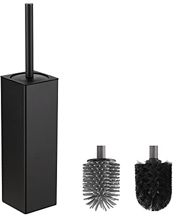 BVL WC Bürsten & Halter Schwarz, Metall Toilettenbürste Inklusive 2 Bürstenköpfe, Freistehende Quadratisch Silikon Toilettenbürste für das Badezimmer