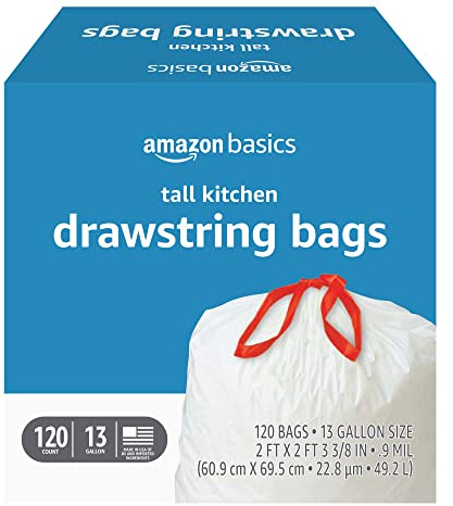 Amazon Basics Tall Kitchen Drawstring Trash Bags, Sturdy and Tear Resistant, 13 Gallon, Unscented, 120 Count