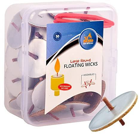 Ner Mitzvah Pre-Assembled Large Round Floating Wicks - 50 Count - Cotton Wicks and Cork Disc Holders for Oil Cups