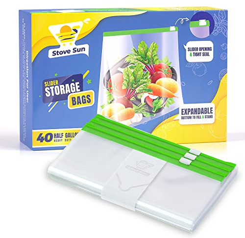 Stove Sun™ 40 Small Ziplock Freezer Bags | Smart Reuseable Food Bags | Clear and Tight Seal | Food Storage Bags With Expandable Stand & Fill Bottom | BPA Free Zip lock Bags (W22 x L23+3cm bottom)