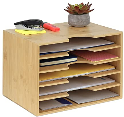 Relaxdays Briefablage Bambus, Büro Organizer für A4 Papier, 5 Fächer, Dokumentenablage HBT: 23,5 x 32,5 x 24 cm, Natur