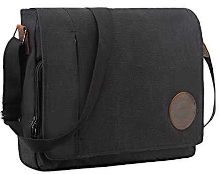 Leathario Umhängetasche Herren 14 Zoll, Messenger Bag aus Echtleder und Canvas, Arbeitstasche Studententasche Laptoptasche Schultertasche Kuriertasche Collegetasche Uni Studenten，Arbeit Schwarz