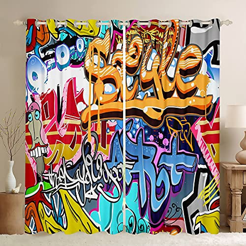Tende per finestra, con stampa colorata di graffiti, per camera da letto e salotto, per bambini e ragazzi, stile hip hop, tende in stile hipster, 132 x 228,6 cm (larghezza x lunghezza)