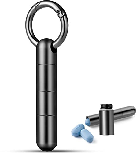 TISUR Keychain Pill Holder,Titanium Pill Case Small Pill Organizer Waterproof Pill Box, EDC Pill Container Metal Tube Outdoor Camping Travel for Men Women (Tiny Pill Case Black Extended)