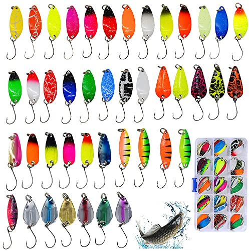 BNGXR Forellen Spoon Set, 43 Stück Forellenköder, Metalllöffel mit Pailletten, Einzelhaken, Farbige Rückseite, Köder Spinner Set mit Spoon Box