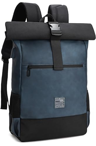 EverVanz Rolltop Laptop Rucksack -Tagesrucksack aus Leder und Polyester -Groß Schultasche Mit USB Ladeanschluss - Schulrucksack mit Laptopfach17 Zoll - Wasserabweisend Backpack für Damen & Herren