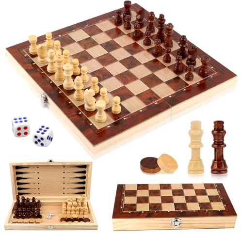 talifoca 3 in 1 Scacchiera in Legno, Scacchiera Pieghevole Chess Board Set, pieghevole portatile set scacchiera, per bambini adulti festa di viaggio 29x29 cm
