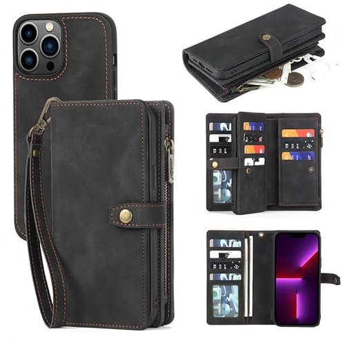 Yidai-Silu iPhone 15 Pro Max Handyhülle 【2 in 1 Abnehmbar, Hand Band, Kartenfach】 Wallet Magnet Case PU Leder Etui Flip Cover Schutz Schale Geldtasche für iPhone 15 Pro Max 6,7” - Schwarz