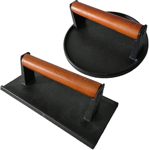 Firsgrill Burger Press 7.08 Round & 8.3”X4.3”Rectangle Heavy-Duty Cast Iron Smash Meat Steak with Wood Handle for Blackstone Camp Chef Pitboss Weber Treager Griddle (Round & Rectangle w Flat Bottom)