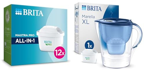 BRITA MAXTRA PRO All-in-1 Water Filter Cartridge 12 Pack (NEW) & Marella XL Water Filter Jug Blue (3.5L) incl. 1x MAXTRA PRO All-in-1 Cartridge