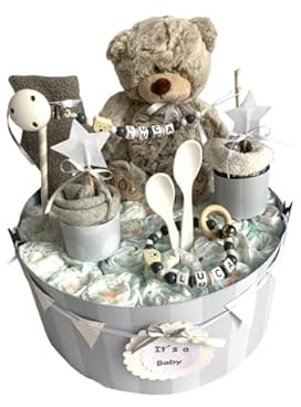 Windeltorte - Kuscheltiere - Geschenk zur Geburt, Babyparty, Taufe, Babygeschenk mit ca. 30 Windeln Größe 3 (Grau)