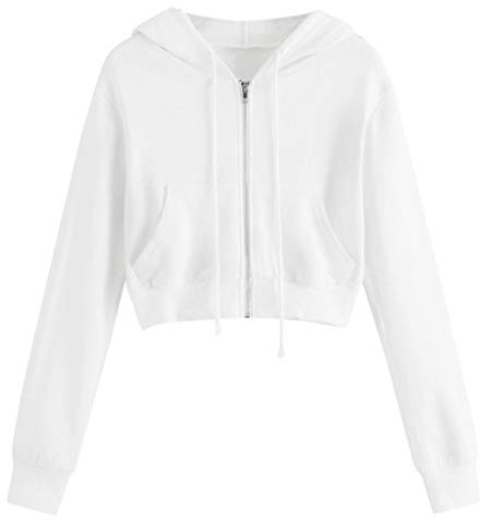Vit sweatjacka dam vit dam crop jacka huvtröja långärmad kort huvtröja tröja crop huvjacka cropped jacka med dragkedja dam huva full dragkedja vinterjacka jogging jacka hoodie, Vit, S