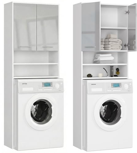 Home Collective Waschmaschinen-Badezimmerschrank - 64 cm breit, 180 cm hoch, Weiß-Metall Hochglanz - Hochwertige laminierte Platte, großzügiger Stauraum mit 4 Regalen, ABS-Kanten, Silbergriffe
