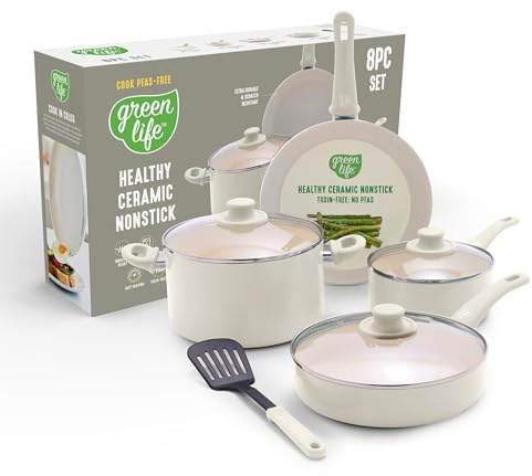 GreenLife 8 Piece Nonstick Cookware Set, Non-Toxic PFAS-Free Ceramic Pots & Pans, Dishwasher & Oven Safe, Frying, Sauce, Stock Pot, Glass Lids, Stay-Cool Handles, Wobble Free, Cream