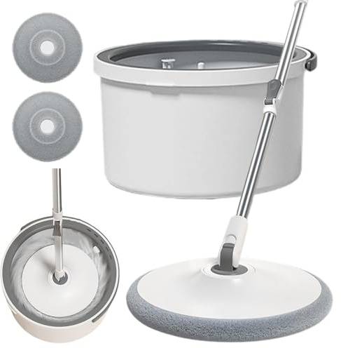 Set di mocio rotante e secchio con 2 panni sostituibili in microfibra, sistema di separazione automatica per acqua sporca e pulita, con testa rotante a 360°, per pavimenti in marmo e piastrelle in
