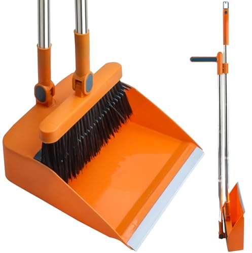 FKKFSS Mango largo recogedor y cepillo, barra de extensión vertical resistente al viento, juego de escoba giratoria, color naranja