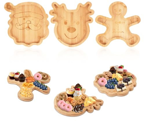 PEUTIER 3pcs Christmas Charcuterie Board, Cheese Board Charcuterie Platter Reindeer Santa Claus Gingerbread Man Wooden Serving Plate Trays for Food Christmas Snack Party Supplies