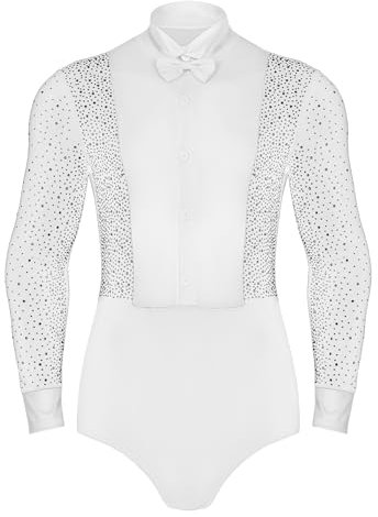 Sxiwei Herren Body Tanzbody Latein Anzug Glänzende Langarm Unterhemd Bodysuit Gymnastikanzug Training Tango Rumba Tanzanzug Weiß XXL