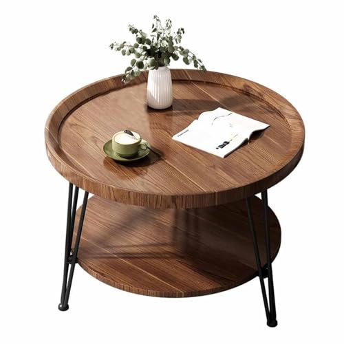 RYDZCLH Tavolo Rotondo in Legno, Tavolino A 2 Ripiani, Tavolino Laterale per Soggiorno E Ufficio, Tavolino Rotondo con Gambe in Metallo, Tavolino Portatile in bambù, Piccolo Tavolo Pranzo, Marrone