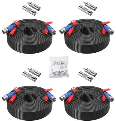 Akinguar 4 Stück 30M / 100 Fuß All-in-One BNC Video-Verlängerungskabel, 8MP 5MP 3MP 2MP 1080P 720P BN C-Verlängerungskabel für Überwachungskameras und Videoüberwachungssysteme + BNC und RCA Adapter