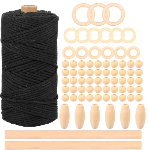 Foppla Makramee-Set, Makramee-Wandbehang, komplettes Makramee-Anfänger-Set mit Baumwollseil, Holzperlen, Holzringen, Holzstäbchen für Erwachsene, Anfänger, 74-teilig (schwarz)