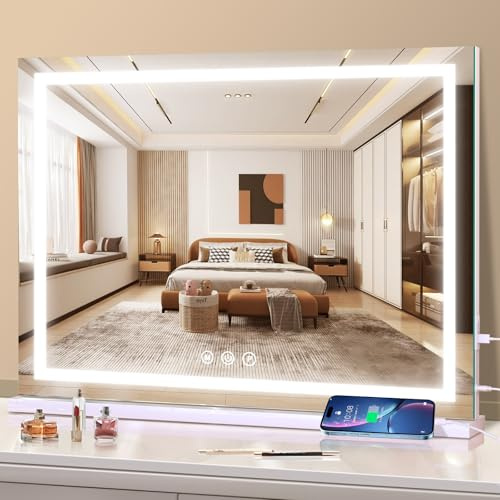 halumao Schminkspiegel mit Beleuchtung, 80 x 60 cm Hollywood schminktisch Spiegel mit Beleuchtung, 3 Modi Dimmbar Tischspiegel mit Touch-Schalter USB-Ladeanschluss