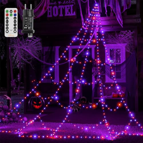 Ollny 5M 454 LED Halloween Spinnennetz IP67 8 Modi Dimmbar Timer Stecker | Lichterkette mit Fernbedienung, Memory-Funktion, Wasserdicht für halloween deko outdoor Haushof Garten Tür, Lila und Orange