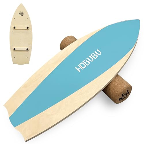 Balance Board Trainer, Wooden Balance Board with Cork Roller, Wooden Trainer Board for Beginners & Experts, Indoor Surfboard, Improved Stability and Core Strength, Blue