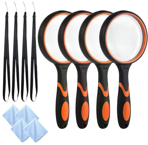 TANOSAN 75mm 10x Magnifying Glasses, 4 Pack Small Handheld Magnifier with Non-Slip Grip for Seniors Hobbies, Shatterproof Magnifier for Reading books, Maps, Outdoor Exploration, Orange