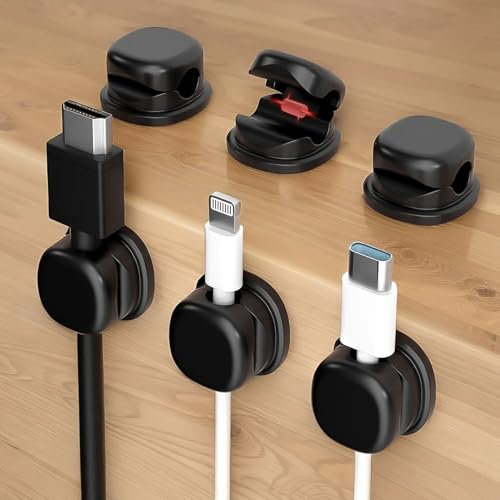 AHRLIC 6 Pack Cable Clips, Spring-Loaded Cord Organizer Strong Adhesive for Desk & Wall, No Residue Wire Management Staples for Phone Charger, USB Cables, Office & Home Cute Square Cord Holder (Black)