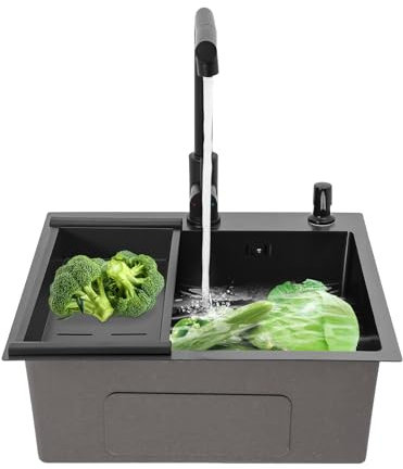 Fregadero doble de acero inoxidable con grifo extraíble y escurridor, 46 x 35,5 cm, juego completo, incluye grifo y cesta colador