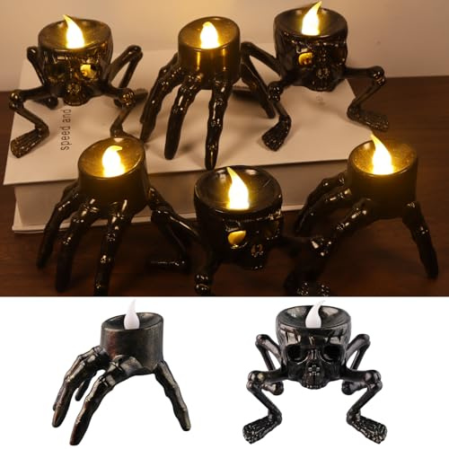 6 Pcs LED Velas Halloween,Candelita de Araña para Halloween, Parpadeo Sin Llama Blancos Cálidos, Velas LED de araña halloween para Decoraciones de HalloWeens Interior Party,Adornos de Casa Embrujada