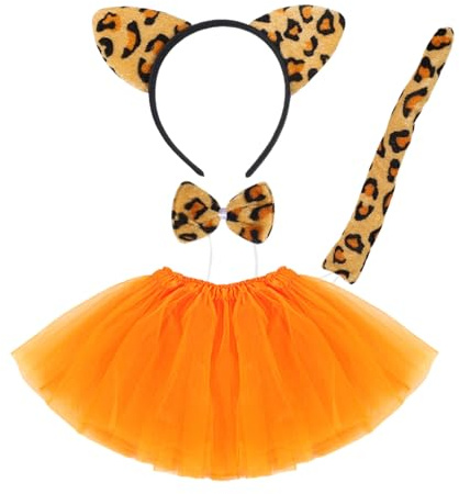 SAIIURV 4 Pièces Ensemble de Costumes Tigre Enfant, Costume de jeu de Rôle de Léopard Bandeau Queue Nœud Papillo Jupe Tutu, Halloween Accessoire Déguisement Animau pour Cosplay Carnaval Fête (Orange)
