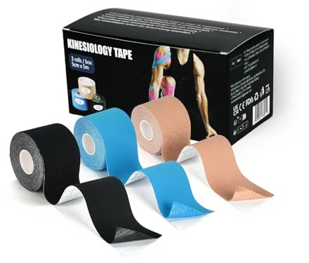 Tigratigro Kinesio Tape,3 Rotoli 5cm x 5m,Nastro Kinesiologico Sportivo per Dolore Muscolare, Ginocchio, Spalla, Gomito - Bendaggio Elastico e Impermeabile, Supporto Articolazioni-Nero, Blu, Naturale