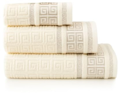 DH DREAMER HOME Juego de 3 Toallas de Baño – Diseño Greco Reversible – 100% algodón Extra Suaves y absorbentes – 1 de Tocador 30x50cm, 1 de Mano 50x90cm y 1 de Baño 100x150cm (Greco Crema)
