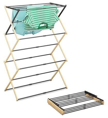 Tendedero Relaxdays, Plegable, Extensible, 11 Barras, HxBxT: 107 x 43-74 x 37 cm, bambú y Metal, Natural/Negro