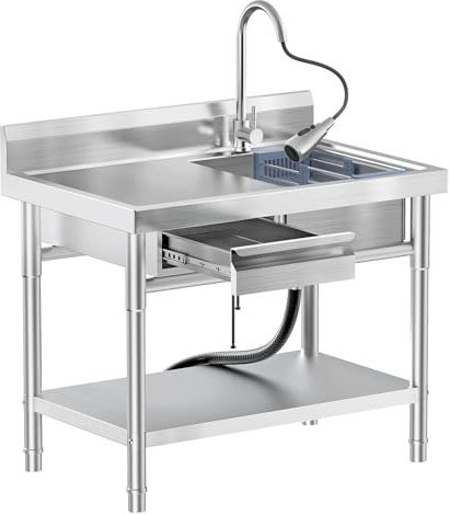 Gastro Spültisch Edelstahl Freistehend mit Schublade & Ausziehbarem Wasserhahn, Ausgussbecken Edelstahl Spüle mit Großem Spülbecken & Ablage, Spülstation für Küche, Restaurant, Waschküche, 100x55x80cm